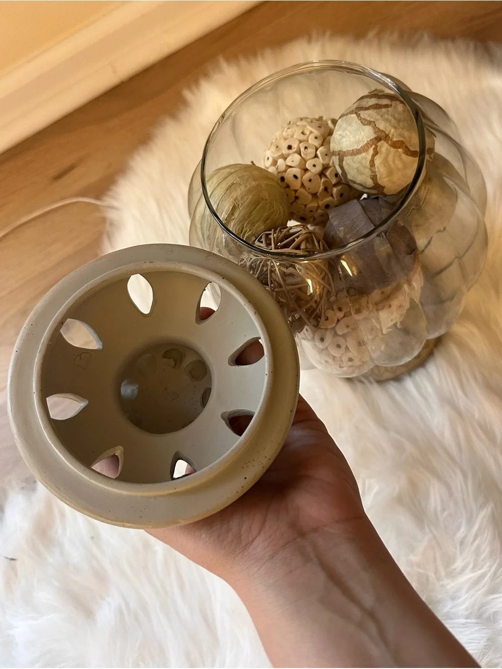 Decorative Glass Apothecary Jar with Lid & Neutral Decorative Balls— Decor